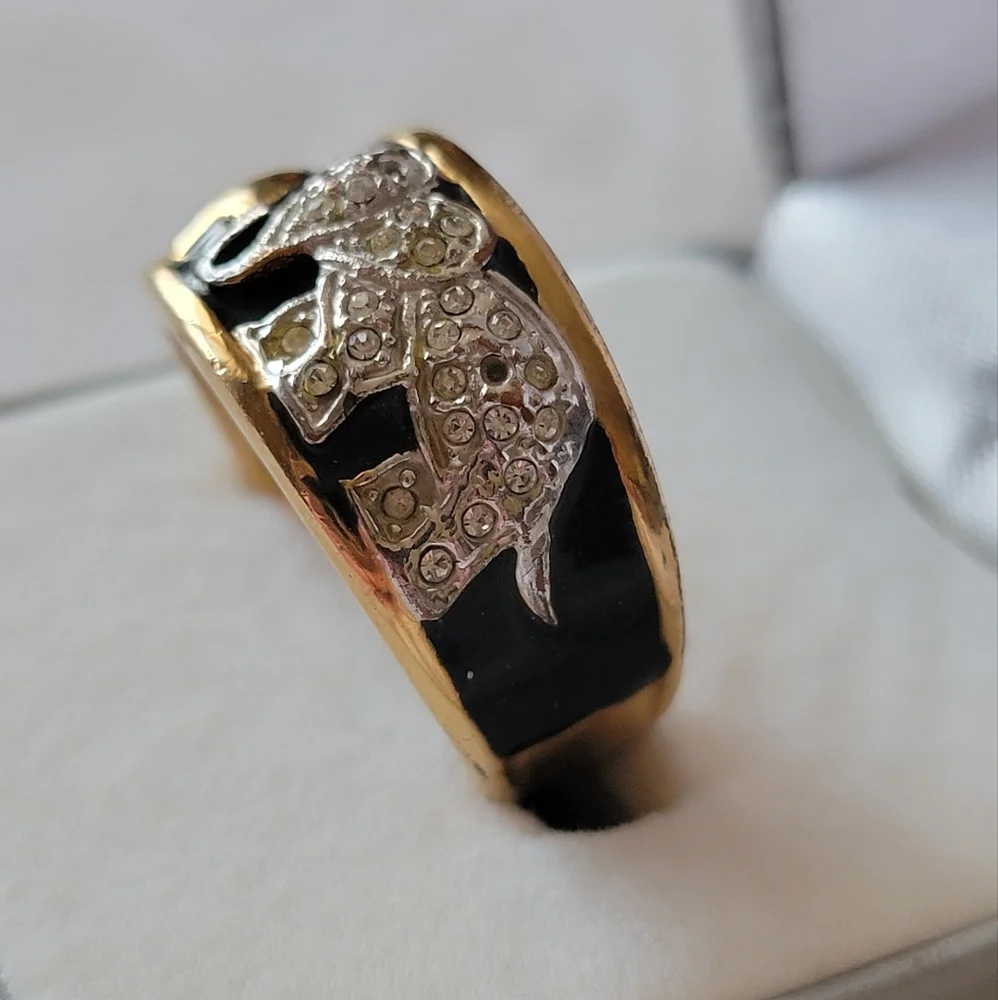 Vintage RINC Elephant Cocktail Ring Mama and Baby | Gold Tone | Black Enamel